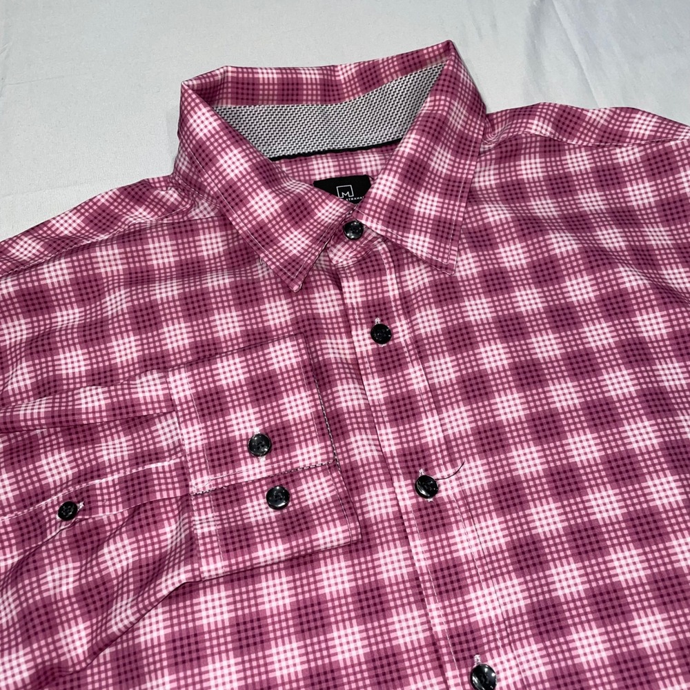 Michael Strahan Mens Pink Plaid Modern Fit Performance Dress Shirt Large 17-17.5